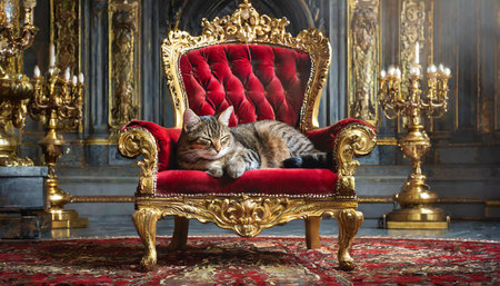 Lazy tabby cat sleep on royal golden throne with red padding in throne roomの写真素材