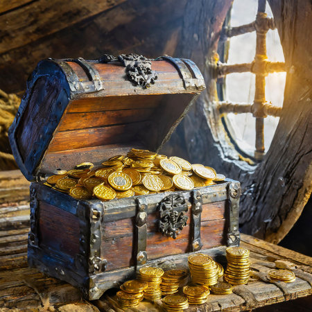 Open old trunk full of golden coins inside old wooden pirate shipの写真素材