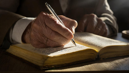Hand of old man write notes with pen in book on the desktop