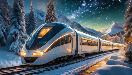 Modern passenger train journey through mountains at wintry nightの写真素材
