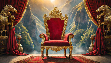 Royal golden throne with red padding in throne room with red curtain and mountain paint on wall