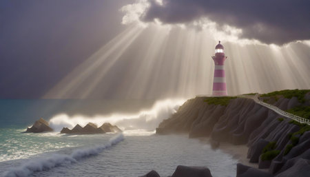 Lighthouse on the rocky headland jutting out into the sea with rays of the sun coming down from clouds. AI generated imageの写真素材