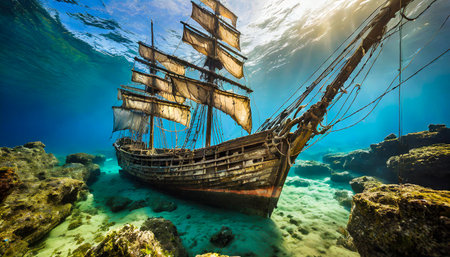 Wreck of old wooden ship with sails on sea bottom under water surface. AI generated imageの写真素材