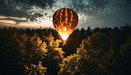Burning hot air balloon fly right above trees canopy at twilight. AI generated imageの写真素材