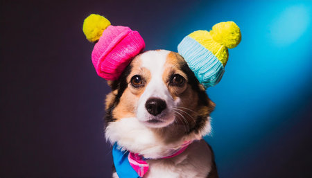 Funny dog with little colorful bobble hats on its ears on blue background. AI generated imageの写真素材