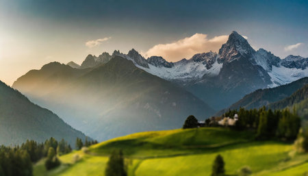 view on mountains, in foreground defocused meadow, warm sun light. AI generated imageの写真素材