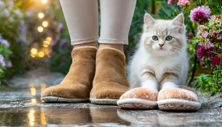 Little kitty sitting right at legs of woman in warm slippers seen only legs. AI generated imageの写真素材