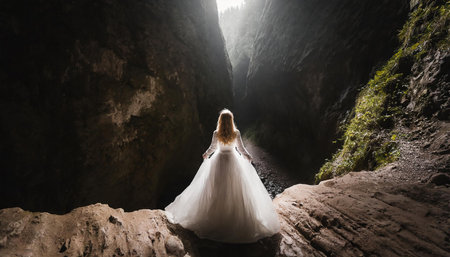 Woman with white long gown stand right on the edge of canyon as she would want to jump, commit suicide concept or running away bride concept. AI generated imageの写真素材
