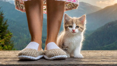 Little kitty sitting right at legs of woman in warm slippers seen only legs. AI generated imageの写真素材