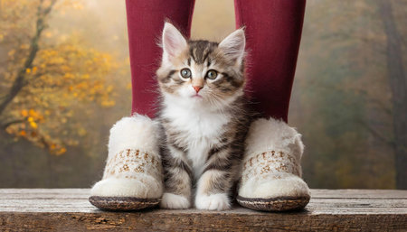 Little kitty sitting right at legs of woman in warm slippers seen only legs. AI generated imageの写真素材