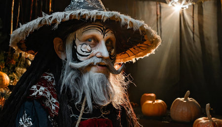 Bizarre wizard with hat and gray beard, pumpkins in background. AI generated imageの写真素材