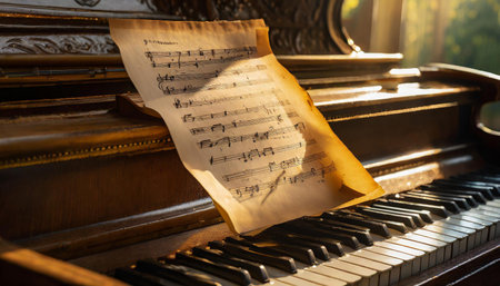 Old sheet of turned yellow paper with notes on a stave lie on wooden piano. AI generated imageの写真素材