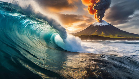 Big wave approach toward tropical island in background erupting volcano, dangers of paradise islands concept. AI generated imageの写真素材