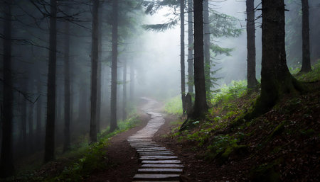 Perspective of path trail through the dark and foggy forestの写真素材
