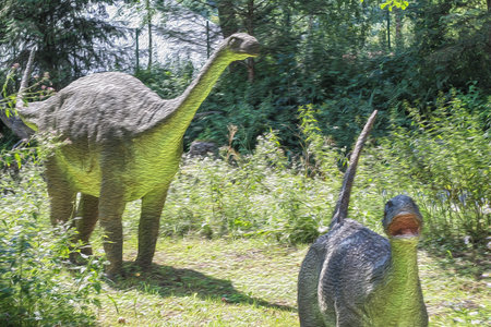 Real size dinosaur with offspring in jurassic park, oil painting effect image