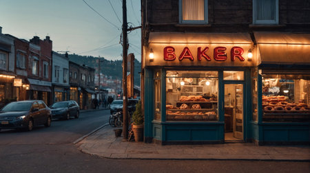 Bakery shop with donuts, view from outside and perspective of street at evening, AI generated imageの写真素材