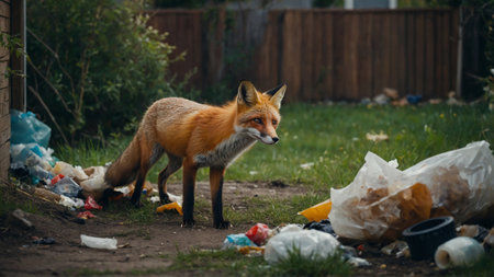 Sad and hungry fox is looking for food in garbage at backyard, AI generated imageの写真素材