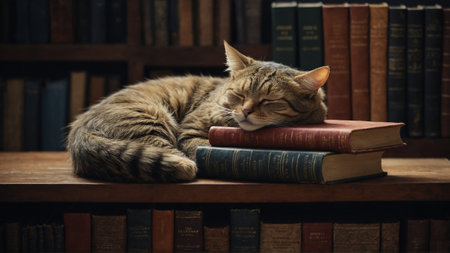 Cat sleep on a book on bookshelf, AI generated imageの写真素材