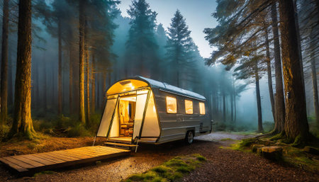 Camper lit from inside by warm light parked in misty forest, AI generated imageの写真素材
