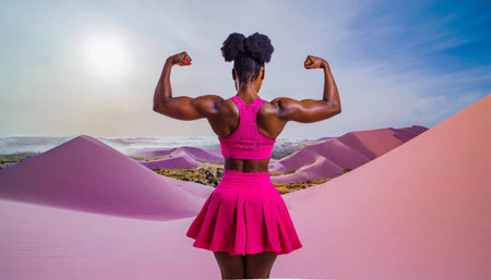 Black woman bodybuilder show her biceps and back standing backward dressed in pink skirt with pink...
