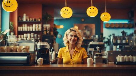 Interior of coffee shop with smiley woman behind counter, AI generated image