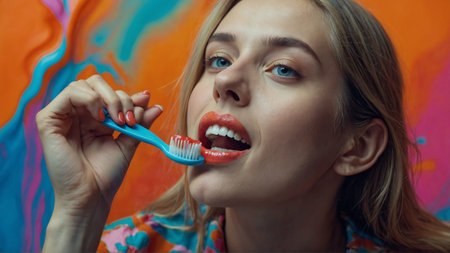 Young woman clean her tooth with blue toothbrush, AI generated imageの写真素材