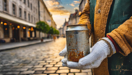 Closeup on hands of beggar holding rusty can, out of focus perspective of street, AI generated imageの写真素材