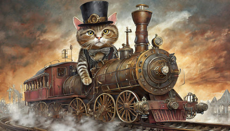 Eccentric cat with top hat drive fantasy steam locomotive, AI generated image