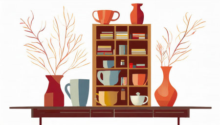 Cupboard and shelf with cups mugs and vases, AI generated imageの写真素材