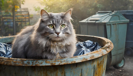 Fat gray dirty cat sitting in garbage bin, AI generated imageの写真素材