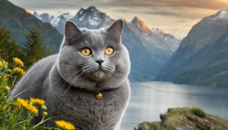 Gray fat cat at calm lake in mountains valley, AI generated image