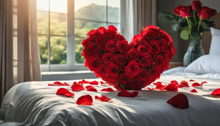 Bouquet of red flowers in shape of heart on bed with white linen in bright room, AI generated imageの写真素材