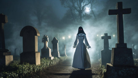 Scary figure in white dress with red eyes walking in foggy cemetery at night, AI generated image