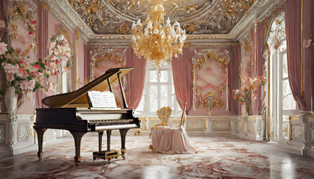 Piano in room decorated with baroque style, AI generated image