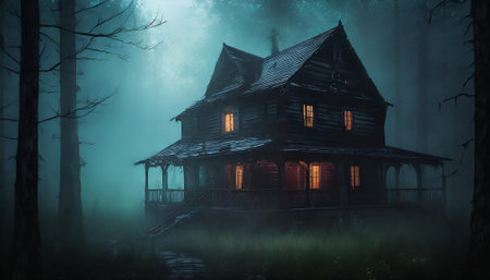 Old weathered wooden house with light in windows in the middle of spooky misty forrest, AI generated...
