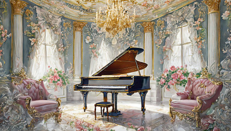 Piano in room decorated with baroque style, AI generated imageの写真素材