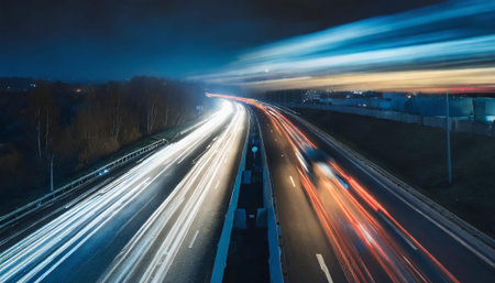 Elevated view on highway with motion blurred cars at night, AI generated image