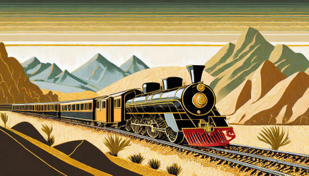 Streamlined steam locomotive train drive through a deserted valley in western america wilderness, AI generated imageの写真素材