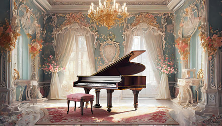 Piano in room decorated with baroque style, AI generated imageの写真素材