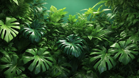Many tropical leaves, tropical bush plant foliage environment nature background, AI generated image