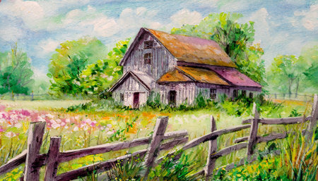 Abandoned weathered wooden farm house overgrown with weathered wooden fence in foreground, AI generated imageの写真素材