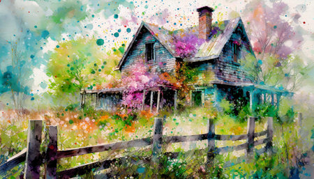 Abandoned weathered wooden farm house overgrown with weathered wooden fence in foreground, AI generated imageの写真素材