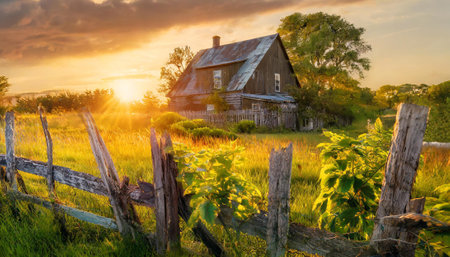 Abandoned weathered wooden farm house overgrown with weathered wooden fence in foreground, AI generated imageの写真素材