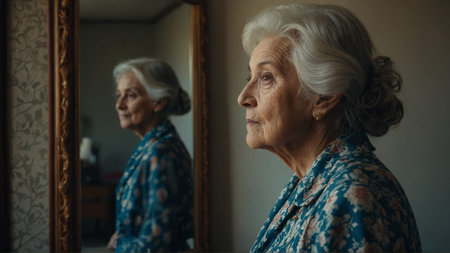 Old solitary woman in her room with companion of only her own reflection in the mirror, loneliness...