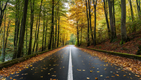 Black asphalt tarmac road leading through dense forest in autumn with lying scattered leaves, AI...