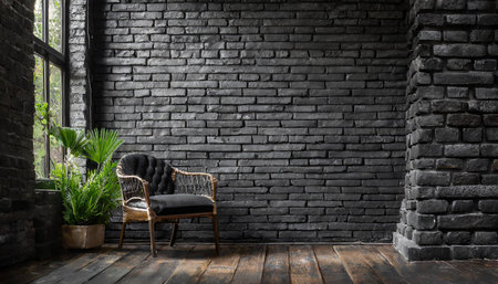 Minimalistic interior with black brick wall, chair and wooden floorの写真素材
