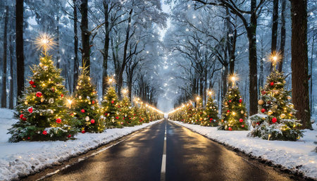 Black asphalt tarmac road lined with christmas trees with baubles and lights in winter, road home for christmas conceptの写真素材