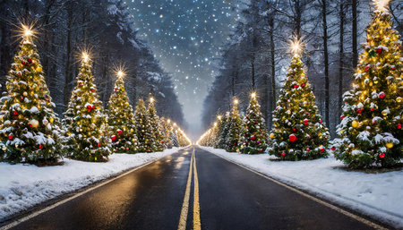 Black asphalt tarmac road lined with christmas trees with baubles and lights in winter, road home for christmas conceptの写真素材