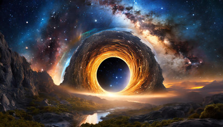 Black hole just above ground level as portal between galaxies, AI generated imageの写真素材