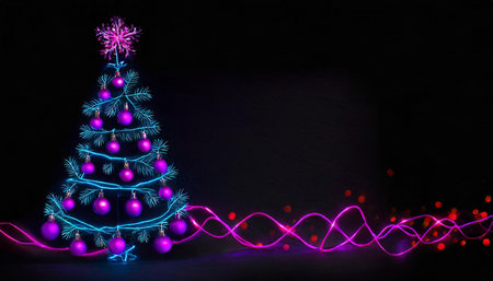 Neon glowing christmas tree with baubles and star at top on black background with copy space, AI generated imageの写真素材